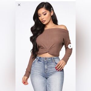 Fashion Nova Brown Off-Shoulder Twist Crop Top